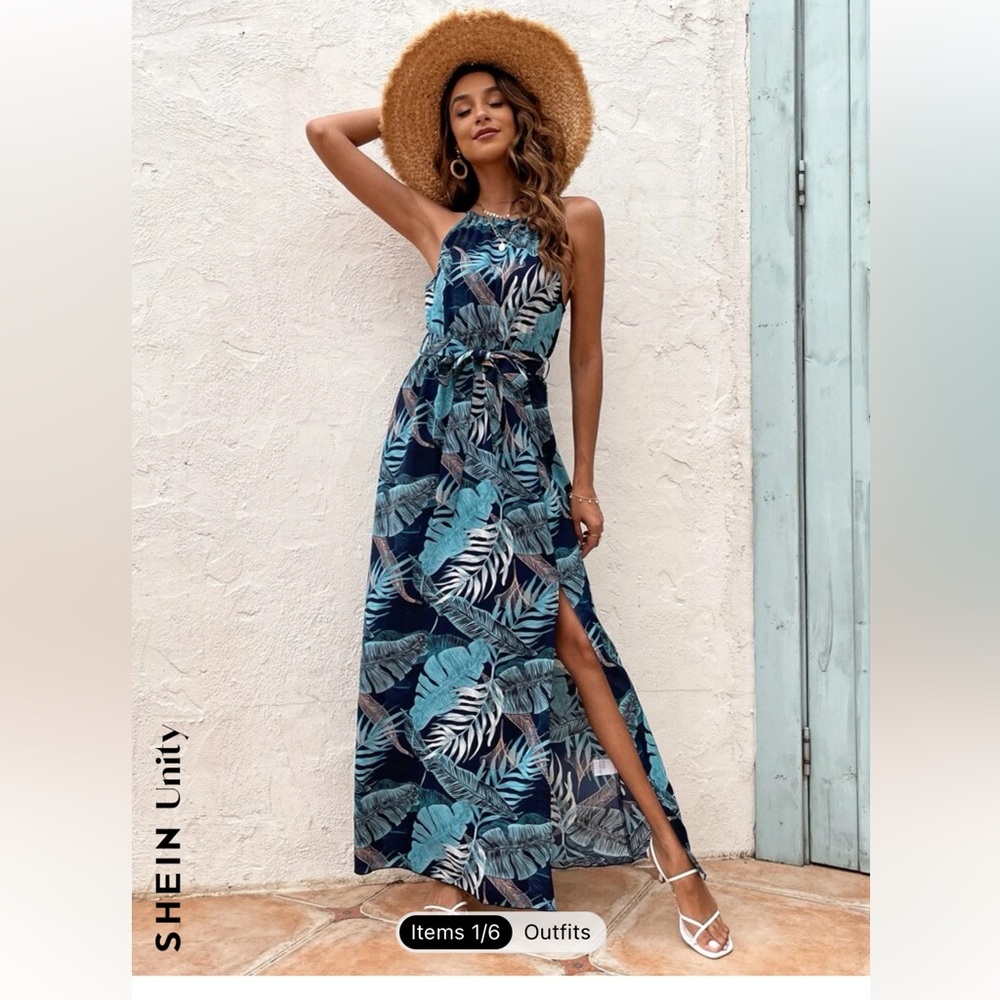 NWOT- SHEIN Tropical print, split thigh, maxi halter dress.